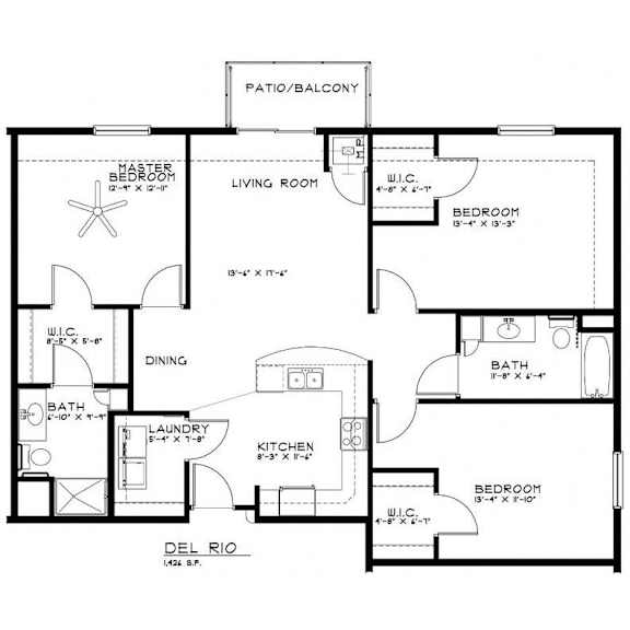 A floor plan of a house with a master bedroom, living room, dining area, kitchen, and bathrooms.