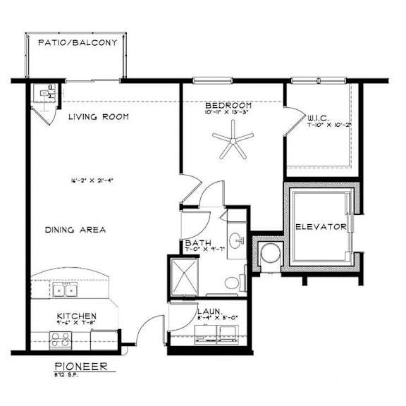 A black and white floor plan of a home with a living room, dining area, kitchen, bedroom, bathroom, and elevator.
