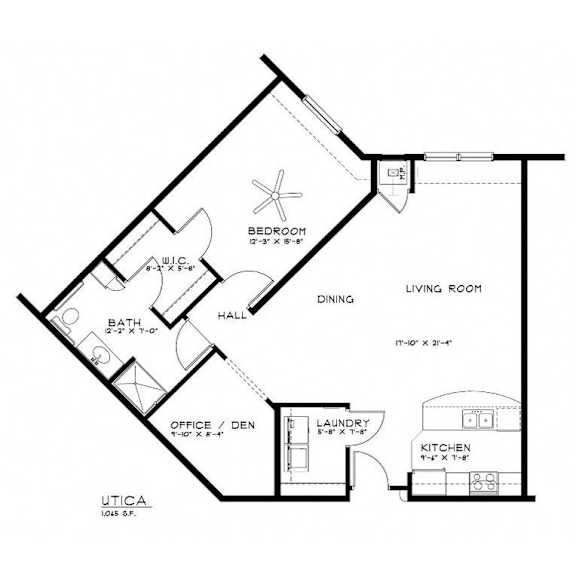A floor plan of a house with a living room, dining room, kitchen, and office/den.