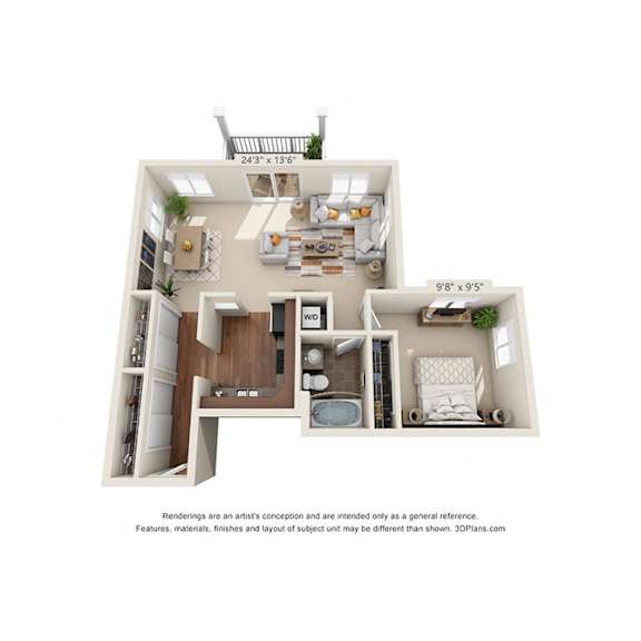 A 3D floor plan of a small apartment with a kitchen, living room, and bathroom.