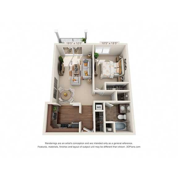 A 3D floor plan of a small apartment with a kitchen, living room, and bedroom.