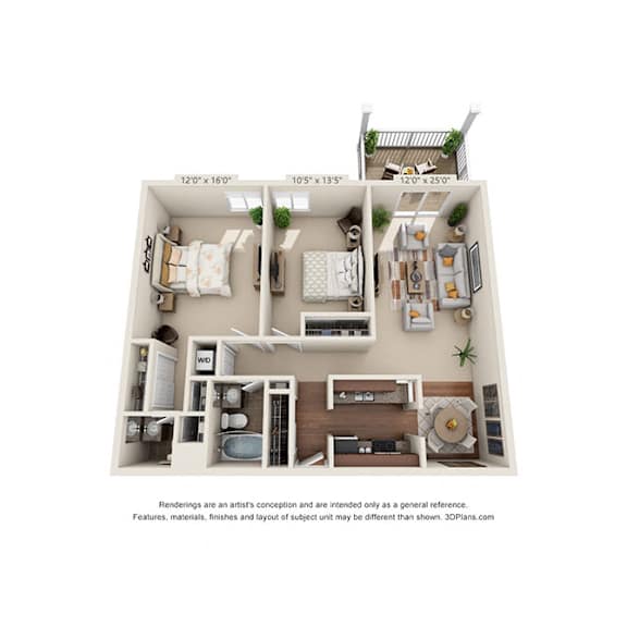 A 3D floor plan of a small apartment with a kitchen, living room, and bedroom.