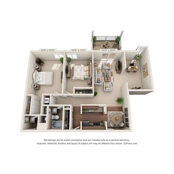 A 3D floor plan of a house with a living room, kitchen, dining room, and two bedrooms.