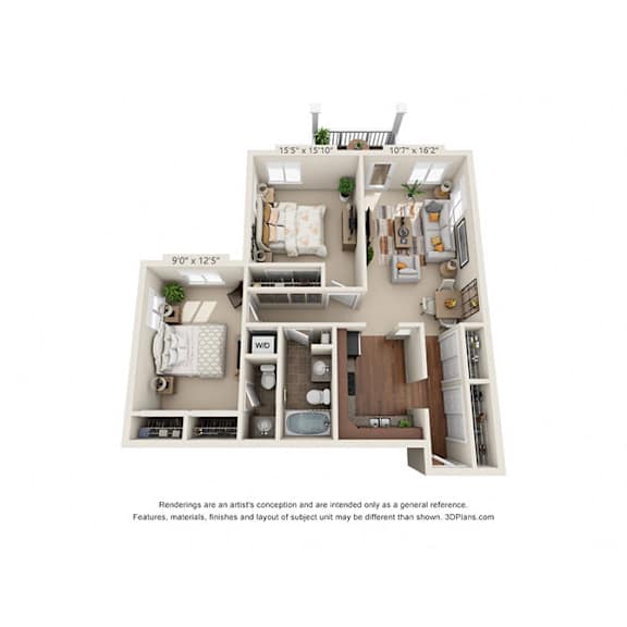 A 3D floor plan of a house with three bedrooms, a living room, a kitchen, and a bathroom.