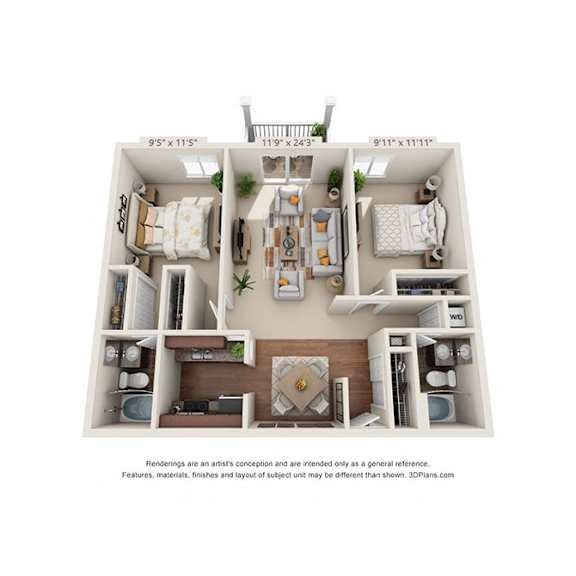 A 3D floor plan of a small apartment with a kitchen, living room, and bathroom.