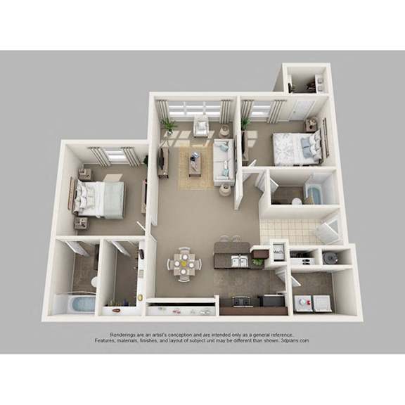 A 3D floor plan of a house with a kitchen, living room, and two bedrooms.