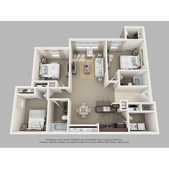A 3D floor plan of a house with a kitchen, living room, and two bedrooms.