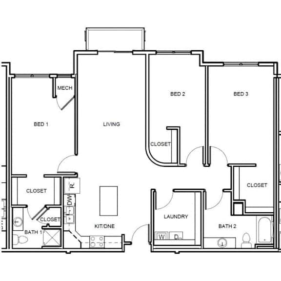 Floor Plan  A floor plan of a house with three bedrooms, a laundry room, and a kitchen.