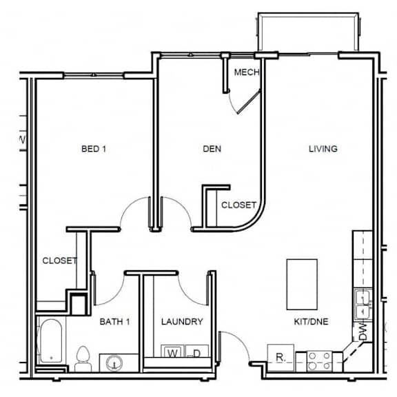 A floor plan of a house with labeled rooms such as Bed 1, Bath 1, and Laundry.