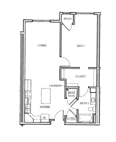 Floor Plan  A floor plan of a small apartment with a laundry room and a single bed.