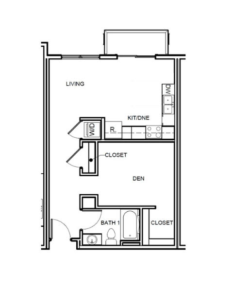 Floor Plan  A floor plan of a small apartment with a living room, kitchen, bathroom, and bedroom.