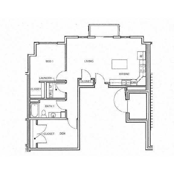A floor plan of a small apartment with a bedroom, bathroom, laundry, and closet.