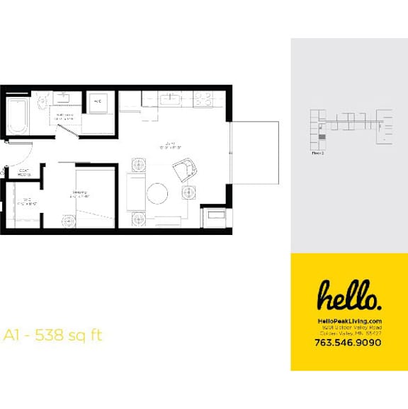 One bedroom floor plan 538 square feet at Hello Apartments, Minneapolis, 55427