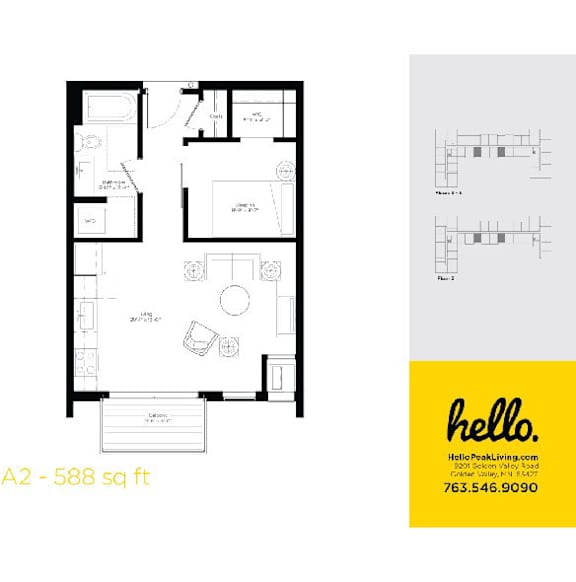 A2 floor plan with one bedroom and balcony at Hello Apartments, Minneapolis, Minnesota