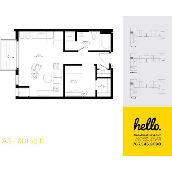 One bedroom floor plan with balcony layout at Hello Apartments, Minneapolis