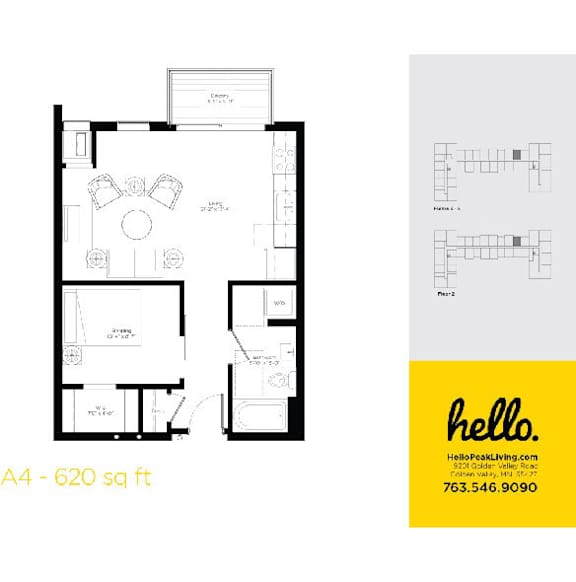 One bedroom floor plan layout 620 square feet at Hello Apartments, Minnesota