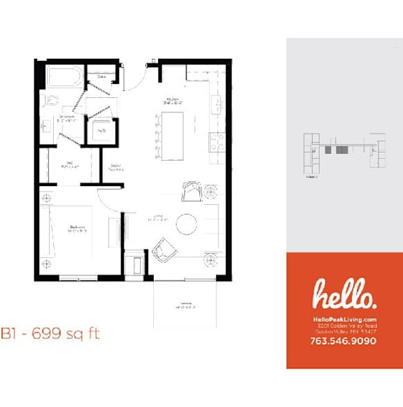 One bedroom floor plan 699 square feet at Hello Apartments, Minneapolis, MN 55427
