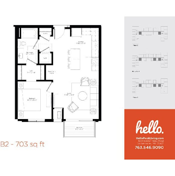 B2 floor plan 703 square feet with balcony at Hello Apartments, Minneapolis, MN