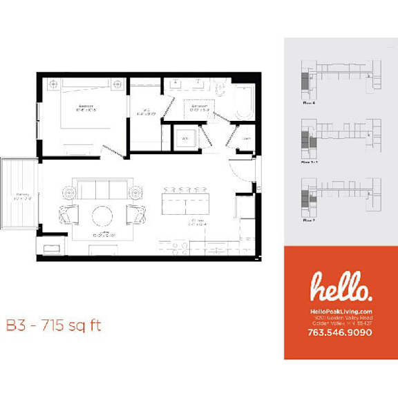 Two bedroom floor plan 715 square feet at Hello Apartments, Minneapolis, 55427