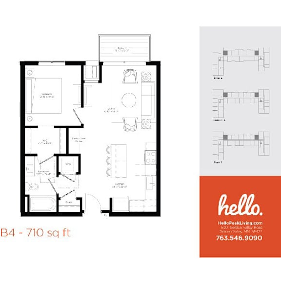 B4 floor plan 710 square feet one bedroom at Hello Apartments, Minneapolis, Minnesota