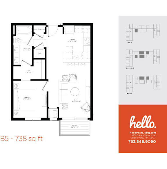 B5 floor plan 738 square feet with balcony at Hello Apartments, Minneapolis