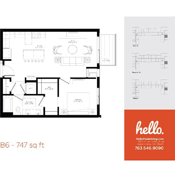 One bedroom floor plan 747 square feet at Hello Apartments, Minnesota