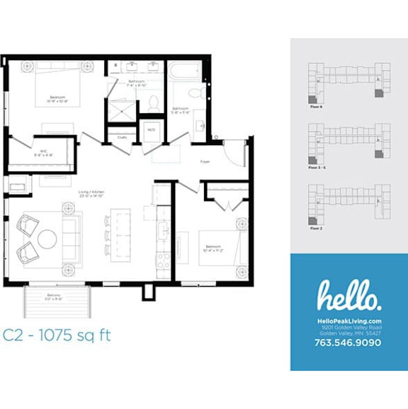 C2 floor plan 1075 square feet two bedroom layout at Hello Apartments, Minneapolis, MN 55427