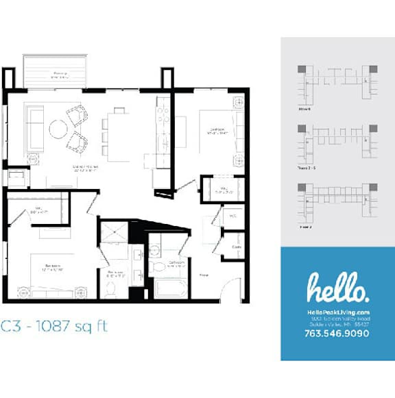 Two bedroom floor plan with den 1087 square feet at Hello Apartments, Minneapolis, MN