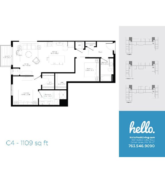 C4 floor plan 1109 square feet two bedroom layout at Hello Apartments, Minneapolis, 55427