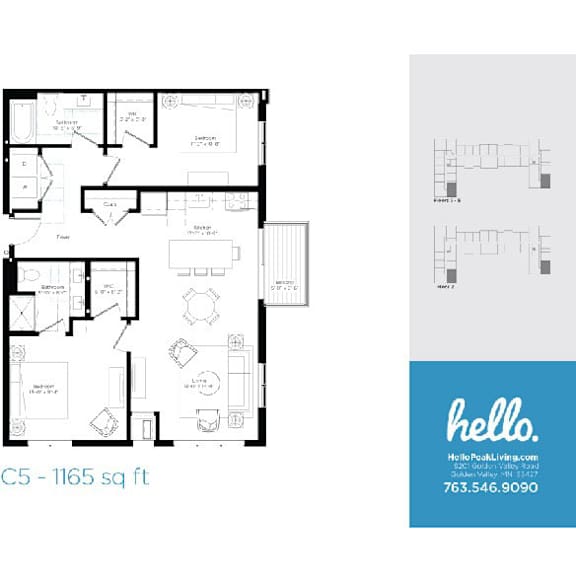 C5 floor plan 1165 square feet two bedroom layout at Hello Apartments, Minneapolis, Minnesota