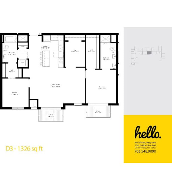 D3 floor plan 1326 square feet three bedroom layout at Hello Apartments, Minnesota, 55427