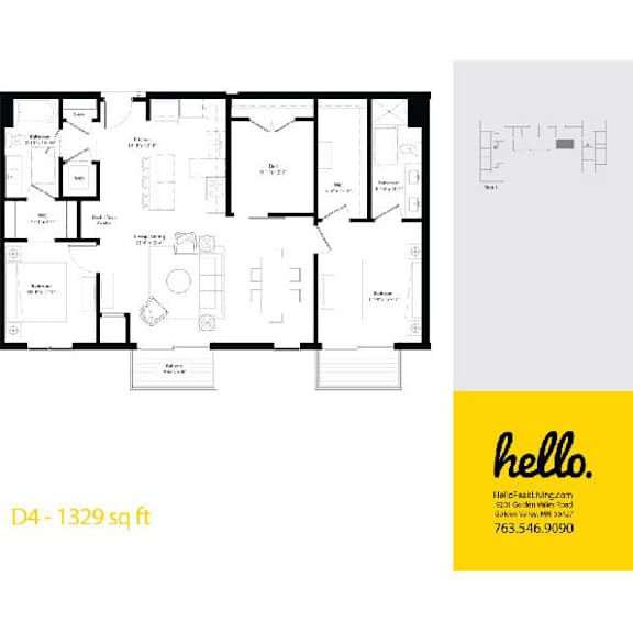 D4 floor plan 1329 square feet two bedroom layout at Hello Apartments, Minneapolis, MN 55427