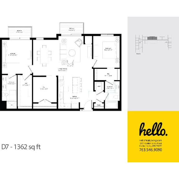 D7 floor plan 1362 square feet two bedroom layout at Hello Apartments, Minneapolis, Minnesota