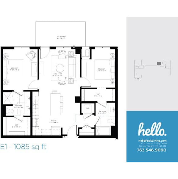 E1 floor plan 1085 square feet two bedroom layout at Hello Apartments, Minneapolis