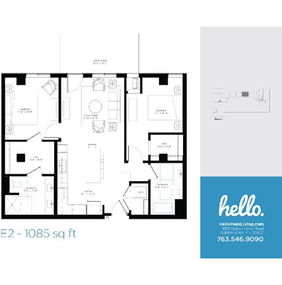E2 floor plan 1083 square feet two bedroom layout at Hello Apartments, Minnesota