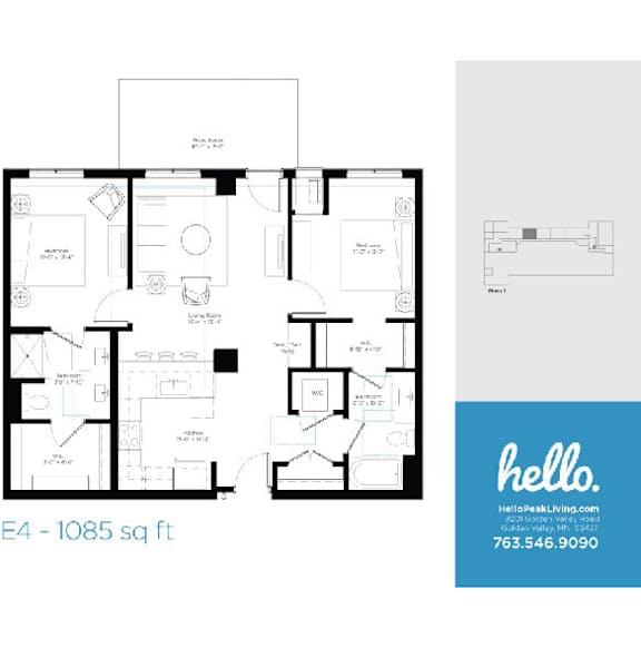 E4 floor plan 1085 square feet two bedroom layout at Hello Apartments, Minneapolis, MN 55427