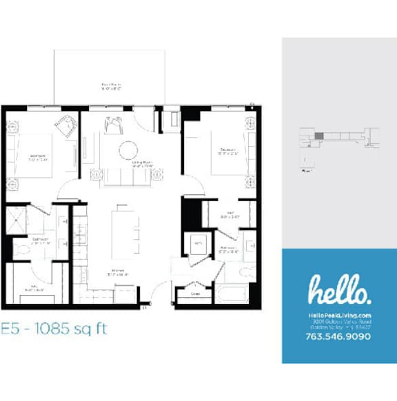 E5 floor plan 1085 square feet two bedroom layout at Hello Apartments, Minneapolis, MN