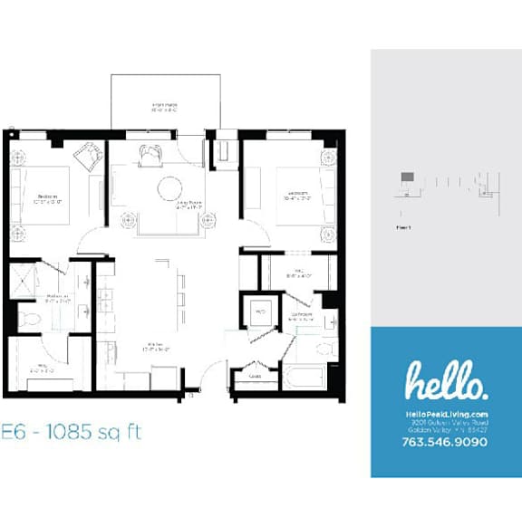 Two bedroom floor plan 1085 square feet at Hello Apartments, Minneapolis, 55427