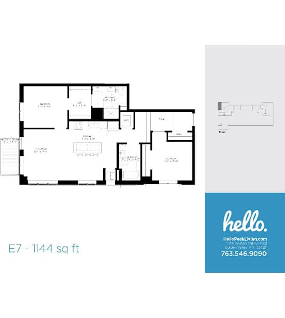 E7 floor plan 1144 square feet two bedroom layout at Hello Apartments, Minneapolis, Minnesota