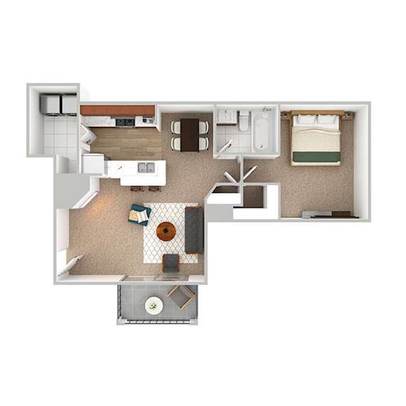 A floor plan of a small apartment with a kitchen, living room, and bedroom.