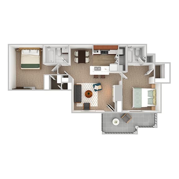 A floor plan of a small apartment with a kitchen, living room, and bedroom.