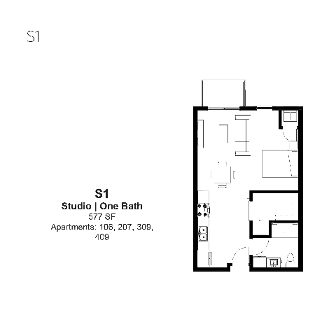 Studio Floor Plan at The Hendrickson, Falcon Heights, MN