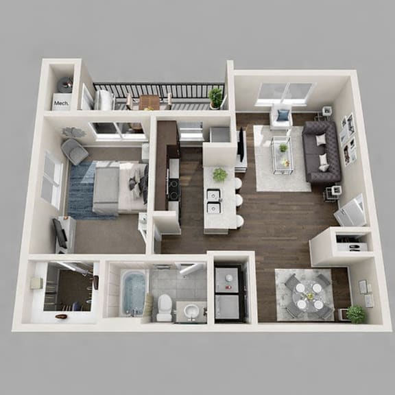 3D floor plan with one bedroom and balcony at Connect at First Creek Apartments, Denver, CO 80249