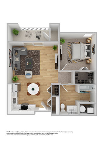 One bedroom floor plan with balcony at Lofts at Innovation Center Apartments, Richland, 99354