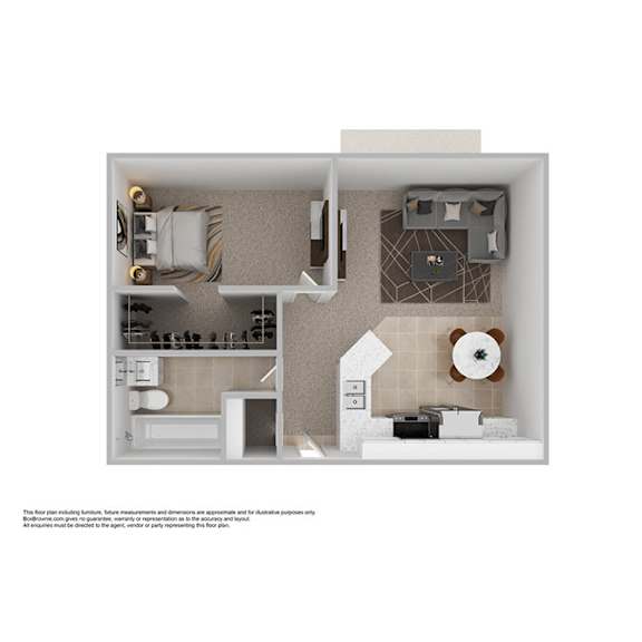 A floor plan of a house with a kitchen, living room, and bathroom.