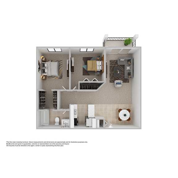 A floor plan of a small apartment with a kitchen, living room, and bathroom.