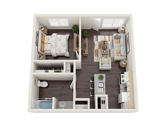 A top-down view of a small apartment with a bedroom, living room, and kitchen.