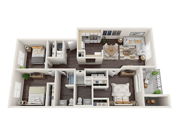 A 3D rendered image of a two-bedroom apartment layout.