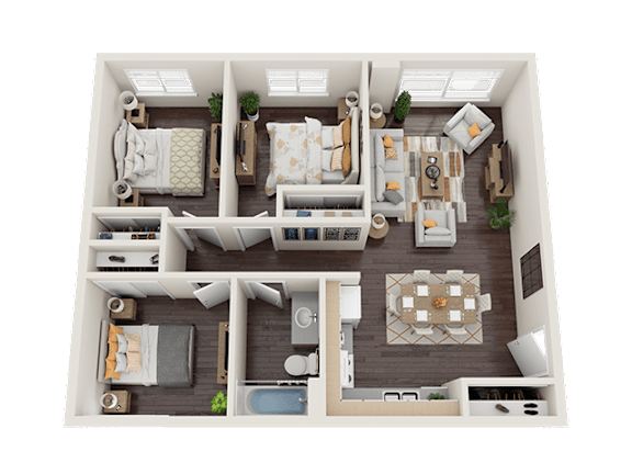 A top-down view of a well-furnished apartment layout.