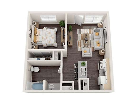 A top-down view of a small apartment with a bedroom, living room, and kitchen.